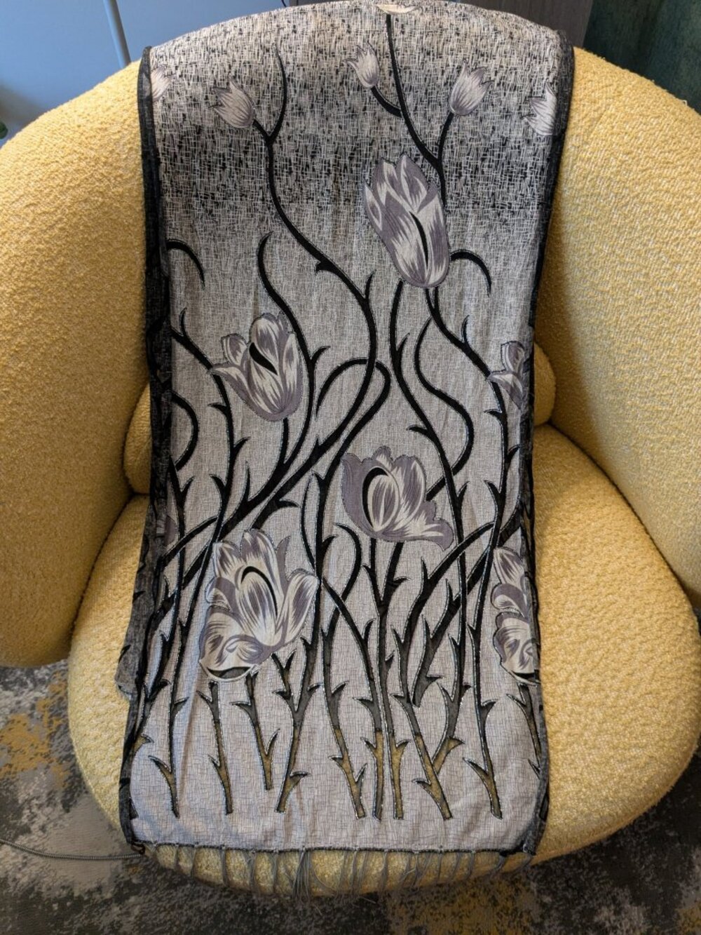 Gray Black Tulip Floral Burnout Reversible Fringe Shawl 66 x 19